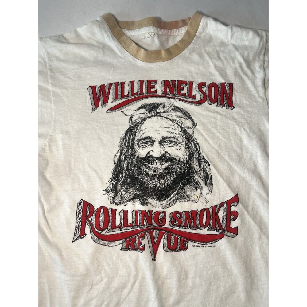 Vintage 1970s Willie Nelson Rolling Smoke Revue Ringer Tee Frank Bros XL(READ)